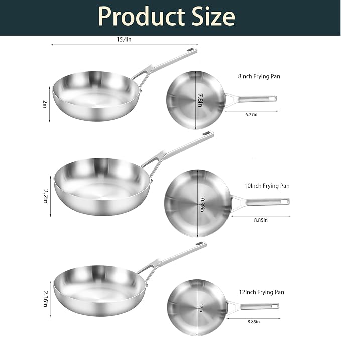 Yeksum Stainless Steel Pan Set, All Cooktops Up to 600℉,Tri-Ply Stainless Steel Frying Pan Set, 8"+10"+12", Chef's pan,Skillets, Nontoxic Fast & Even Heat