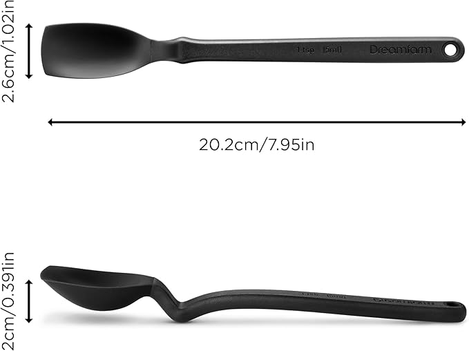 Dreamfarm Mini Supoon Non-Stick Sit-Up Silicone Scraping Cooking Spoon, Jar Scraper Measures 5ml Tsp - 8" Black