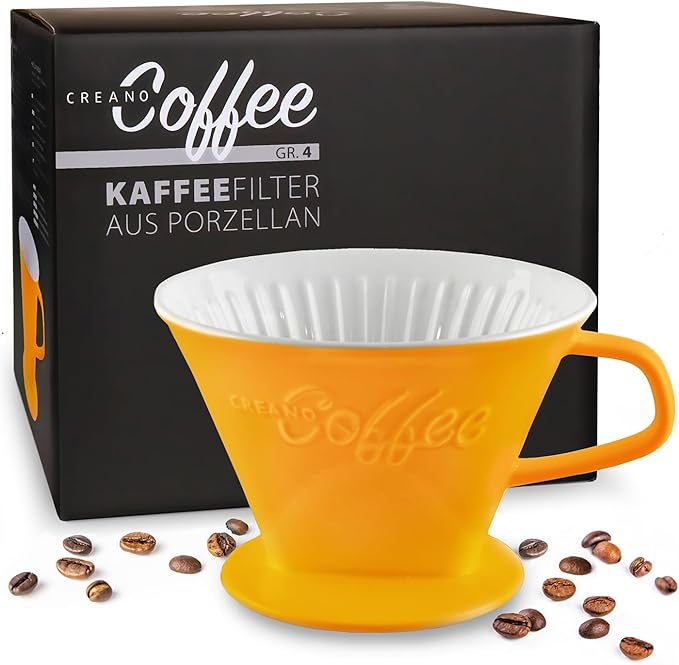 Creano Porcelain Coffee Dripper Saffron Yellow - Ceramic Cone Brewer - Pour Over Coffee Maker for Filter Bags Size 4 - Easy Manual Brew for pure taste - also for Camping, Hiking