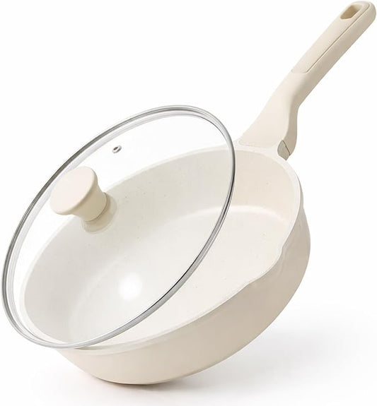 SENSARTE Nonstick Ceramic Skillet with Lid 10-inch, 3.5QT Non Toxic Deep Frying Pan, Dishwasher Safe Saute Pan with Lid, Stay-cool Handle, Healthy Cooking Pot, Induction Compatible, Cream White