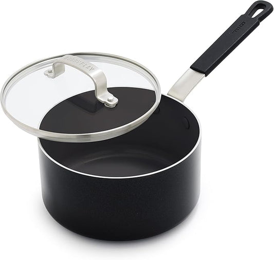 GreenPan x Bobby Flay 2.5QT Nonstick Saucepan with Glass Lid, PFAS-Free Diamond Ceramic, Induction Suitable, Stay-Cool Silicone Handle, Easy Clean Dishwasher & Oven Safe, Chef Pan, Black
