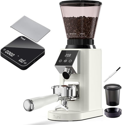 Tuni G1 Ivory Conical Burr Coffee Grinder with Black Digital Coffee Scale, 48 Grind Settings Anti-static Coffee Bean Espresso Grinder for Espresso/Drip/Cold Brew/French Press