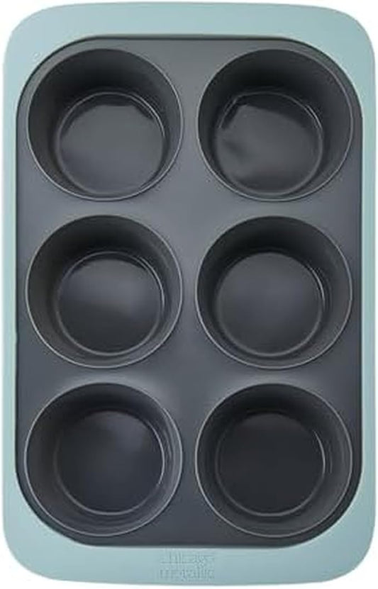Chicago Metallic Silicone Muffin Pan, 6 Cup Nonstick Cupcake Tin with Wire-Reinforced Rim, Flexible Bakeware for Muffins, Egg Bites and More, Oven Safe to 428F, 10 x 8.6 Inches, Blue