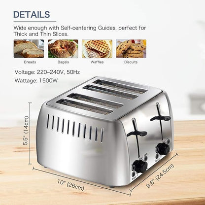 Toaster 4 Slice Stainless Steel Bagel Toaster Extra Wide Slots with 6 Browning Setting, Bagel/Reheat/Defrost/Cancel Function for Toasting Bread, Bagels and Waffles, 1500W, Silver