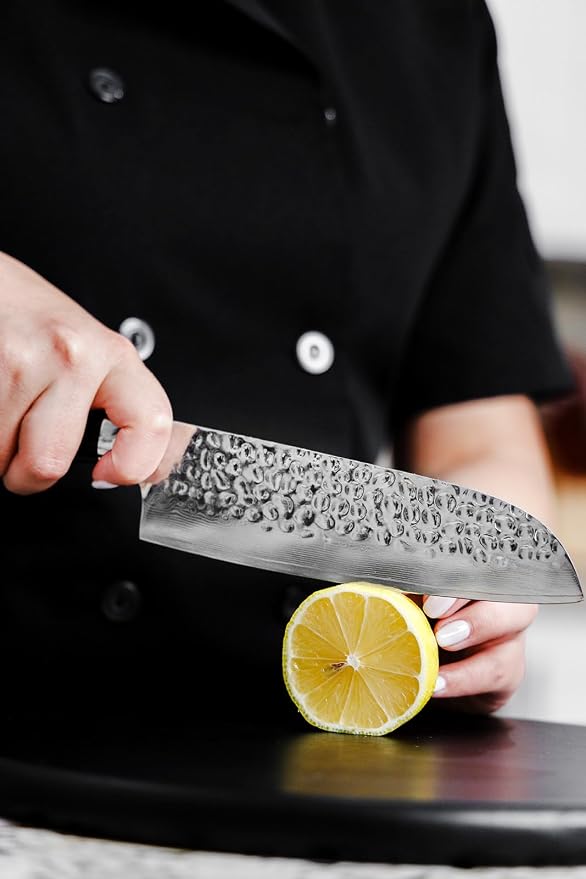 Santoku Knife 7 inch Blade - Origin Series - VG10 Japanese Damascus Steel - Razor Sharp - G10 Black Handle - Professional Full Tang Santoku Knife (Black), ORG-ST-BL-7