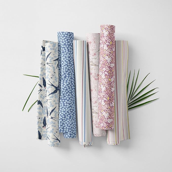 Patchwork Fabric Panel 100x155 cm, 100% Cotton Satin, 6 Coordinated Floral & Bird Patterns, Soft Blue Pink Quilting & Sewing Fabric (Spring Swallows, 6pcs 50x50cm)