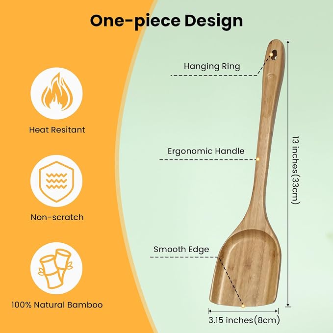 GEEKHOM Flat Wooden Spatula Teak Turners : 13 Inch Bamboo Utensils for Nonstick Cookware, Pancake Fish Egg Flipper, Stirring Serving Scraping 2 PCS