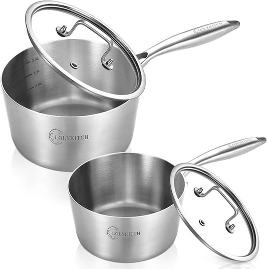 LOLYKITCH Tri-Ply Stainless Steel Saucepan Set with Glass Lids, 1QT & 3QT Cooking Pots, Uncoated Heavy Bottom Metal Sauce Pans for Induction Cooktop, Ergonomic Handle