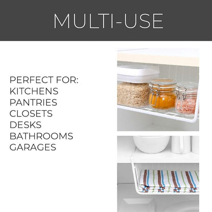 Smart Design Undershelf Storage Basket - Set of 6 - Medium - Snug Fit Arms - Steel Metal Wire Frame - Rust Resistant - Cabinet Pantry, Shelf Organizer Rack - Kitchen & Bathroom - 16 x 5.5 Inch - White