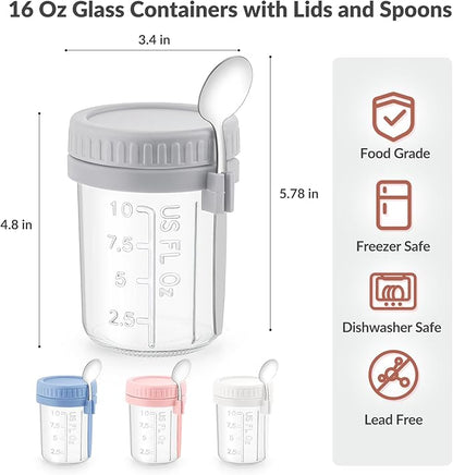 4 Pack Overnight Oats Containers with Lids and Spoons - DRKIO 16 Oz Glass Mason Jars for Overnight Oats Leak Proof Oatmeal Container Great for Cereal Fruit Vegetable Milk Salad Yogurt Meal Prep