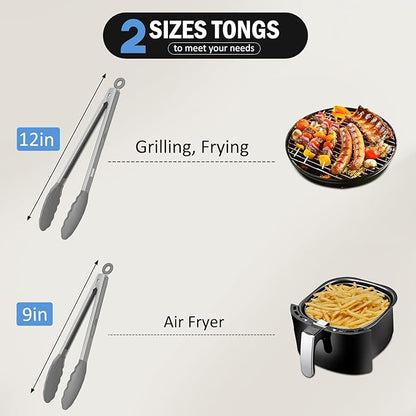 Tongs for Cooking, 600ºF High Heat-Resistant Stainless Steel Kitchen Tongs with Silicone Tips, Non Scratch, Locking Tong for BBQ Grilling Air Fryer Food Salads, Set of 2 (9" and 12") Light Grey