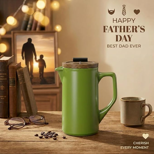 Ceramic French Press Coffee Maker, 22oz Single Serve Coffee Press with Walnut Wood Lid, Lead-Free, Food Grade Stainless Steel Filter with Dual Screen for Coffee and Loose Tea, Green