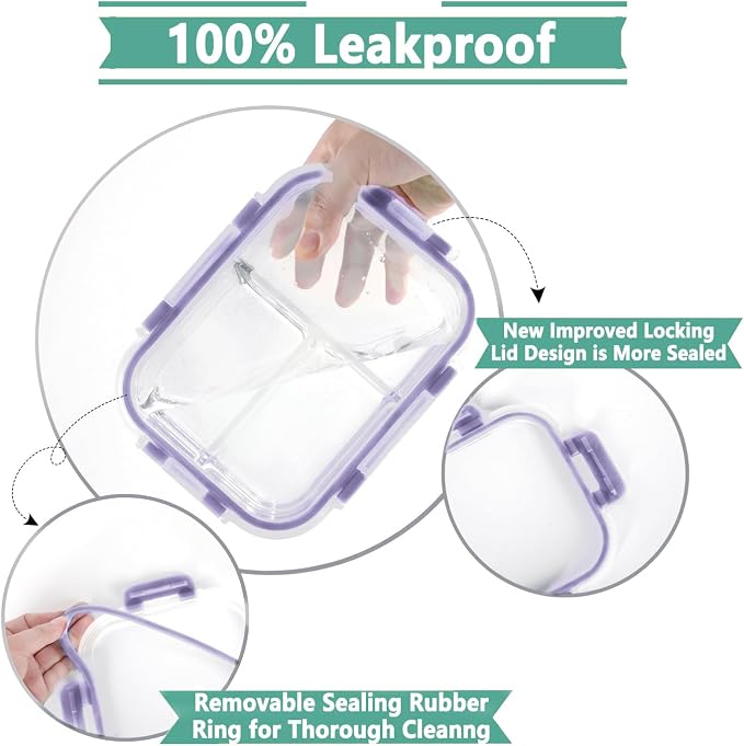 HOMBERKING 8 Pack Glass Meal Prep Containers 3 Compartment, 36oz Glass Food Storage Containers with Lids, Airtight Glass Lunch Bento Boxes, BPA-Free & Leak Proof (8 lids & 8 Containers) - Purple
