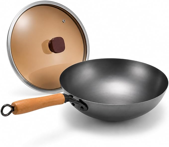 Calmabode 12” Round Bottom Carbon Steel Wok with Glass Lid | Traditional Chinese round-bottom wok for gas stoves, nitrided carbon steel, glass lid, ideal for wok hei and stir-fry