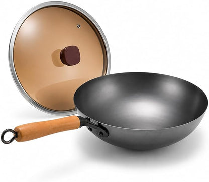 Calmabode 12” Round Bottom Carbon Steel Wok with Glass Lid | Traditional Chinese round-bottom wok for gas stoves, nitrided carbon steel, glass lid, ideal for wok hei and stir-fry