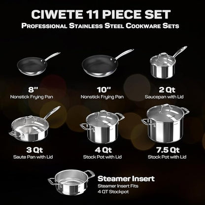 Ciwete 11-Piece Stainless Steel Pots and Pans Set Non Stick, Tri-Ply Stainless Steel Cookware Set, Induction Kitchen Cookware Sets with Steamer Insert & Stay-Cool Handles, Dishwasher, Oven Safe