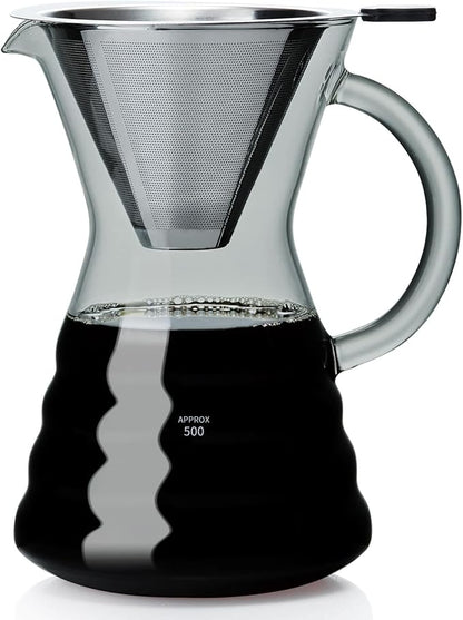 Unbreakable - Pour Over Coffee Maker with Permanent Stainless Filter 27 fl oz, Thickened Heat-Resistant Borosilicate Glass Dripper Coffee Brewer, Stovetop Safe, Ink