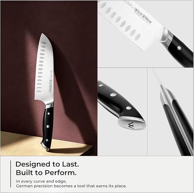 WICKWILLOW 7-Inch Santoku Knife - German X50CrMoV15 Steel, Hollow Edge Kitchen Knife for Meal Prep, Vegetables, Herbs & Boneless Proteins - Razor-Sharp, Full Tang, Ergonomic Handle, Gift Box