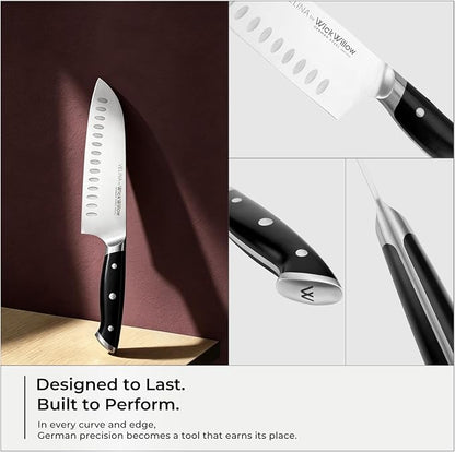 WICKWILLOW 7-Inch Santoku Knife - German X50CrMoV15 Steel, Hollow Edge Kitchen Knife for Meal Prep, Vegetables, Herbs & Boneless Proteins - Razor-Sharp, Full Tang, Ergonomic Handle, Gift Box