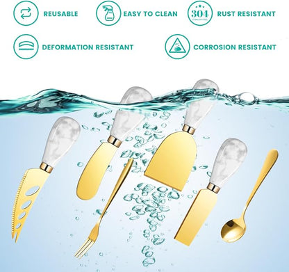 Marble Gold Cheese Knife Set, Ceramic Handle Charcuterie Board Accessories - Butter Spreader, Cheese Slicer, Serving Tongs, Spoons, Forks, Flags, Wooden Honey Dipper
