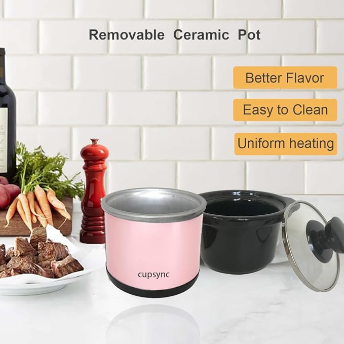 Mini Slow Cooker, 0.65 Qt Capacity small slow cooker, Ceramic Pot, Nutrient Loss Reduction, For Sauces, Stews & Dips, Round (pink)