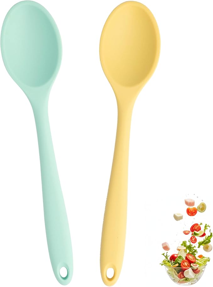 2 Pcs Mini Silicone Spoons, 8 Inch Mixing Spoons for Drinking Soup Dipping Sauce Baking Stirring Mixing Tools. This is a Mini Size,Notice,Dear Buyers Please Mind the Size when Purchasing(Yellow Green)