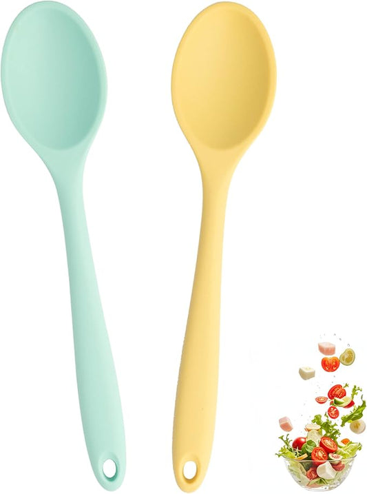 2 Pcs Mini Silicone Spoons, 8 Inch Mixing Spoons for Drinking Soup Dipping Sauce Baking Stirring Mixing Tools. This is a Mini Size,Notice,Dear Buyers Please Mind the Size when Purchasing(Yellow Green)