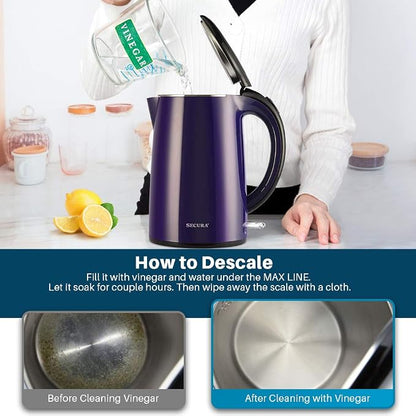 Secura Original Stainless Steel Double Wall Electric Water Kettle 1.8 Quart with Auto Shut-Off & Boil-Dry Protection, Dark Purple SWK-1701DP/HB-3227B