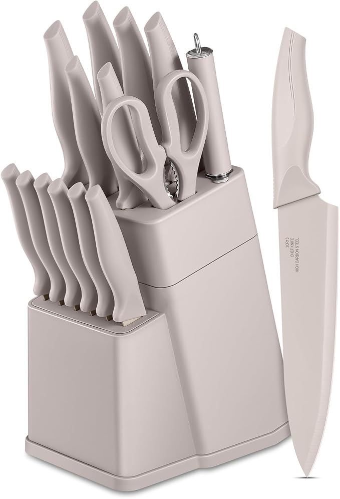 LIANYU Knife Block Set with Sharpener, 15PCS Kitchen Knife Set with Block, Razor Sharp Knives Set for Kitchen, High Carbon Stainless Steel Chef Knife Set, Anti- Rust Blade & Ergonomic Handle, Khaki