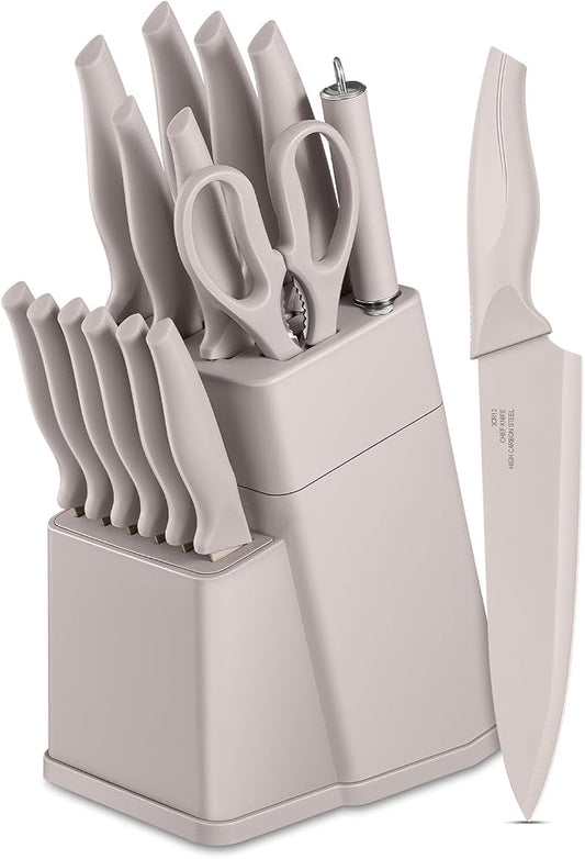 LIANYU Knife Block Set with Sharpener, 15PCS Kitchen Knife Set with Block, Razor Sharp Knives Set for Kitchen, High Carbon Stainless Steel Chef Knife Set, Anti- Rust Blade & Ergonomic Handle, Khaki