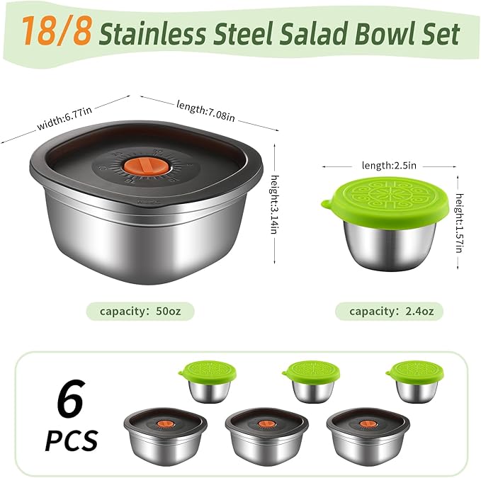 Tanjiae 3-Pack 50 oz Large Stainless Steel Salad Bowl To Go for Lunch, Salad Containers with Airtight Lid & Dressing Cups, Portable Metal Salad Bowls for Lunch, Travel, Meal Prep, Food Storage