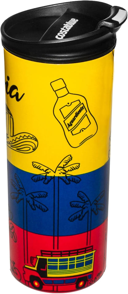 Colombia Vacuum Insulated Stainless Steel Thermal Travel Mug, 16 oz, Easy Clean, Flip leak Proof Lid Colombian Flag with Icons from Colombia…