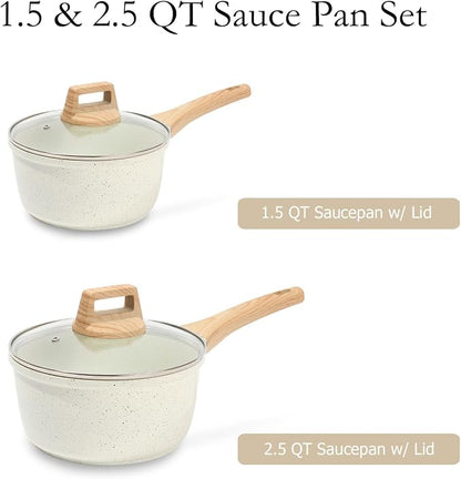 ESLITE LIFE 1.5 QT & 2.5 QT Sauce Pan Set with Lids, Nonstick Small Soup Pot Compatible with All Stovetops (Gas, Electric & Induction), PFOA Free, White