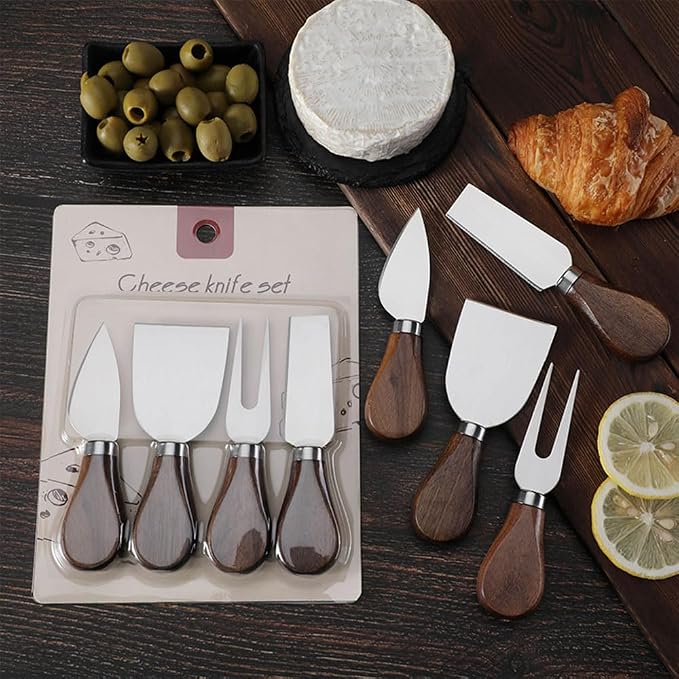 Linwnil 4-Piece Set of Stainless Steel Cheese Knives with Wood Hand, Including Cheese Slicer and Cheese Cutters, Essential Cheese Tools for the Kitchen (Walnut handle, Silver)