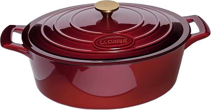 La Cuisine Enameled Cast Iron Oval Dutch Oven Casserole Dish Pot with Lid 6.75 QT Internal Matt Black Enamel Coating for bread baking, Gold-Plated Stainless Steel Lid Handle, Oven Safe up to 500° F. Cranberry