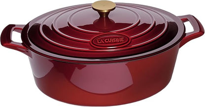 La Cuisine Enameled Cast Iron Oval Dutch Oven Casserole Dish Pot with Lid 6.75 QT Internal Matt Black Enamel Coating for bread baking, Gold-Plated Stainless Steel Lid Handle, Oven Safe up to 500° F. Cranberry