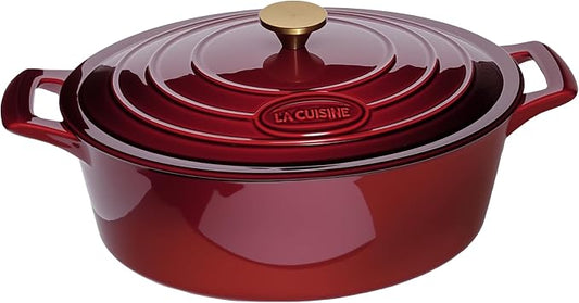 La Cuisine Enameled Cast Iron Oval Dutch Oven Casserole Dish Pot with Lid 5 QT Internal Matt Black Enamel Coating, Cranberry, Gold-Plated Stainless Steel Lid Handle, Oven Safe