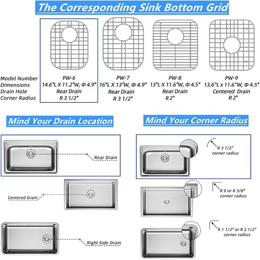 Kitchen Sink Bottom Grid Protector 14.6"L X 11.2"W, Stainless Steel Sink Grate with Rear Drain Universal Metal Sink Rack for Kitchen Double Bowl Sink, 2Pack