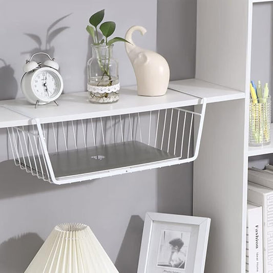 Under Shelf Storage Basket, Hanging shelf basket Slides Under Shelves for Storage Metal Under Cabinet Shelf Basket Organizer Space Saving for Kitchen Pantry Desk Bookshelf (White Pack of 2)