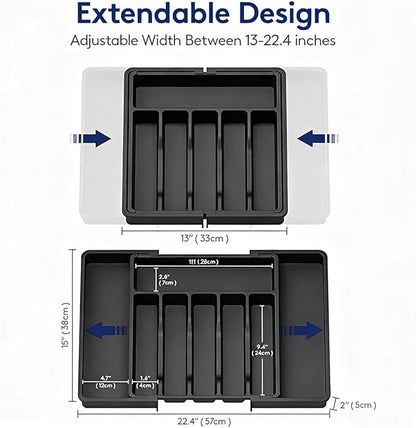 Expandable Large Silverware Tray For Drawer Organizer, Kitchen Cooking Utensil Drawer Organizer For Spoons Forks Knives, Adjustable Cutlery Flatware Holder 13"-22.4" X 14.7" X 2" (Black)
