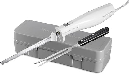 Hamilton Beach Electric Knife Set for Carving Meats, Poultry, Bread, Crafting Foam & More, Reciprocating Serrated Stainless Steel Blades, Ergonomic Design Storage Case + Fork Included, 5 Foot Cord