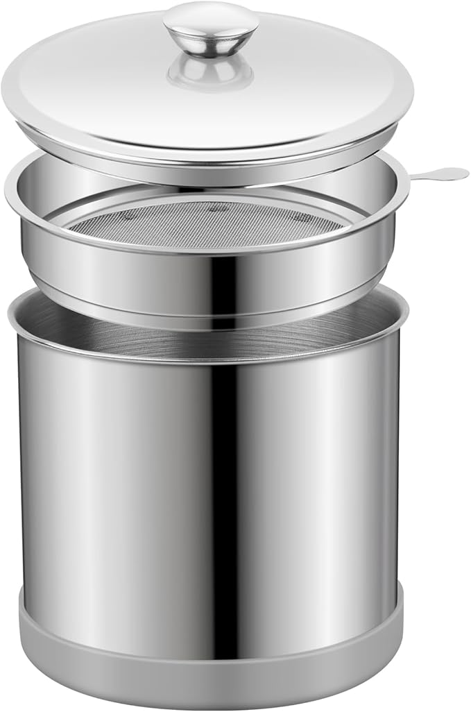 Ohtomber 1.2L Bacon Grease Saver Container with Fine Mesh Strainer and Non-slip Silicone, Cooking Oil Keeper Grease Fat Storage Filter Container for Kitchen, Used Oil Holder Pot