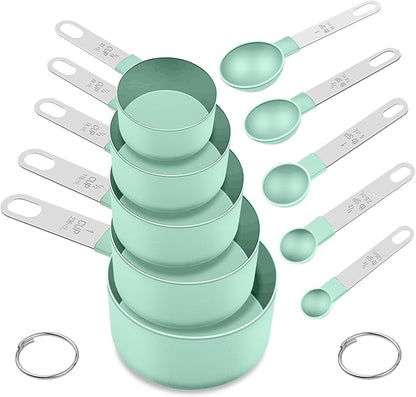 Measuring Cups and Spoons Set, 10 Pieces Nesting Measure Cups and Spoons, Kitchen Essentials Gadgets with Stainless Steel Handle for Dry & Liquid Ingredient (Lake Green 10 Pcs)