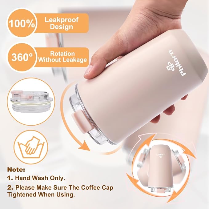 PHILORN Pink Coffee Tumbler - 12 OZ Insulated Coffee Mug With Lid, Leak Proof Thermo Cup for Hot and Iced Drinks, Stainless Steel Vacuum Pink Cup with Double Wall