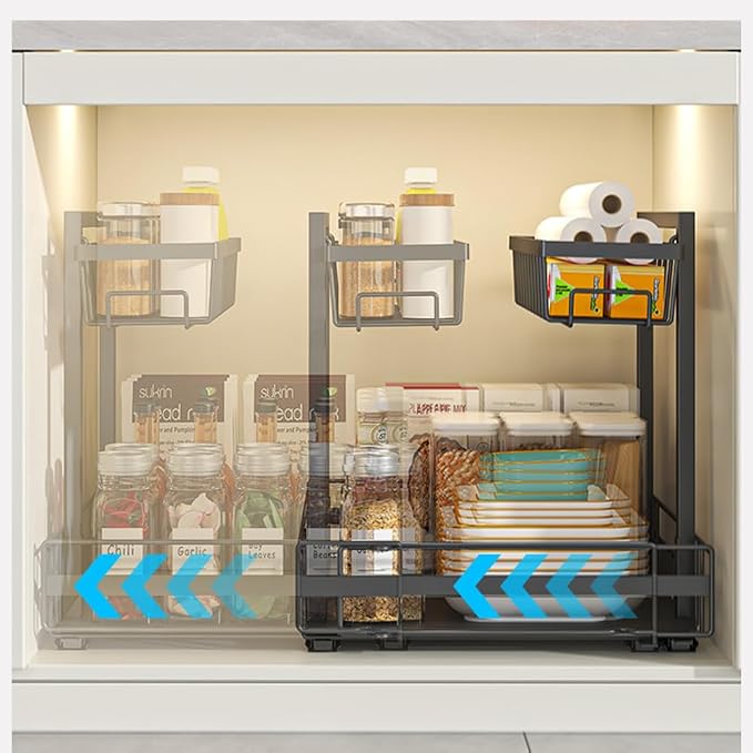 Expandable Pull Out Cabinet Organiser, No Drill Adhesive Slide Out Kitchen Drawer Shelf Durable Metal for Under Sink, Cupboard, Pantry, Adjustable Width (12.8"-19.7")