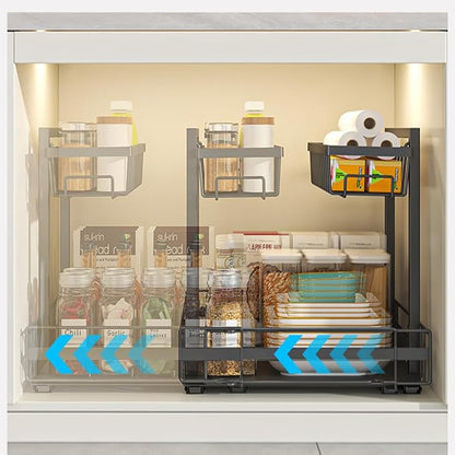 Expandable Pull Out Cabinet Organiser, No Drill Adhesive Slide Out Kitchen Drawer Shelf Durable Metal for Under Sink, Cupboard, Pantry, Adjustable Width (12.8"-19.7")