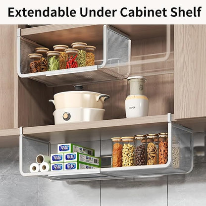 Expandable Under Shelf Basket Organizer, Under Shelf Storage, Hanging Baskets Under Cabinet for Pantry Kitchen Cupboard Desk Counter Bookshelf Space Saver Heavy Duty Slide-in (Black, 1 Pack)