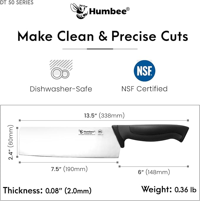 7.5-Inch Nakiri Knife, High Carbon Stainless Steel Hollow Grind Blade, Razor Sharp Edge, Ergonomic Non-Slip Handle, Cleaver Style, DT-50 Series, Black