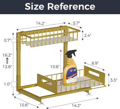 L-Shaped Under Sink Organizer, 2 Pack 2-Tier Pull Out Metal Kitchen Cabinet Organizer with Sliding Storage Drawer, Height Adjustable Heavy Duty Under Bathroom Sink Storage for Cleaning Supplies