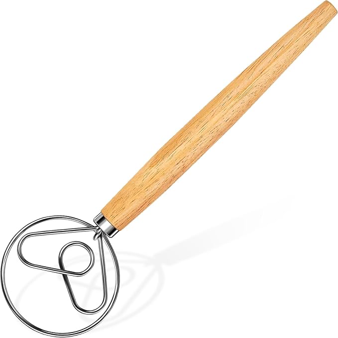 Hand Whisk Stainless Steel Dough Hook Dutch Whisk for Sourdough Bread Dough Mixer Hand Wooden Handle Kitchen Whisking Mixing Tool Bread Making Tools (Love heart shape)